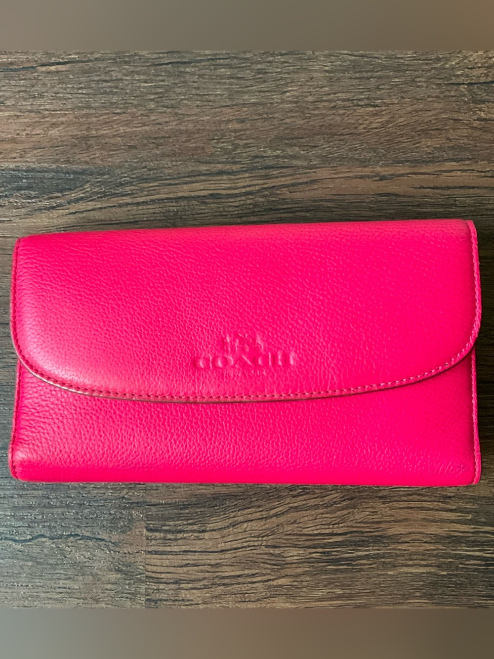 Coach Hot Pink Leather Trifold Wallet Checkbook Card Holder Embossed Logo